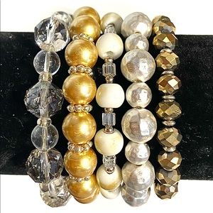5 strand beaded multilayered stretch bracelets in gold, silver, and white